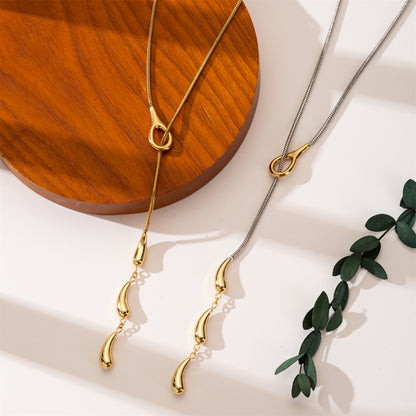 Water Droplets Long Necklace For Unisex Featuring 304 Stainless Steel With 18K Real Gold Plated Snake Chain