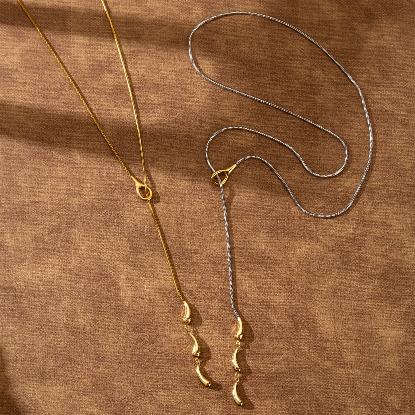 Water Droplets Long Necklace For Unisex Featuring 304 Stainless Steel With 18K Real Gold Plated Snake Chain