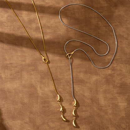Water Droplets Long Necklace For Unisex Featuring 304 Stainless Steel With 18K Real Gold Plated Snake Chain