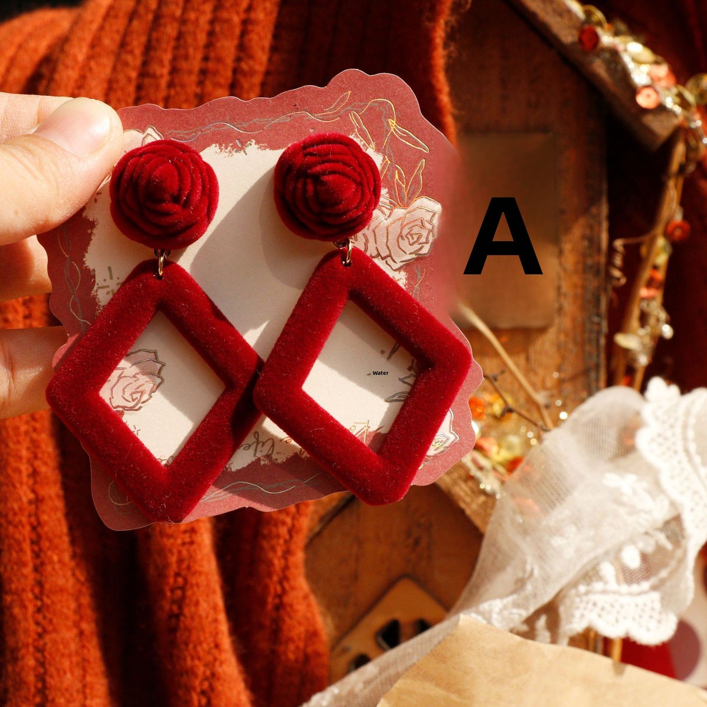 Rose Stud Earrings For Women In Wine Red Resin With Simple Style Design