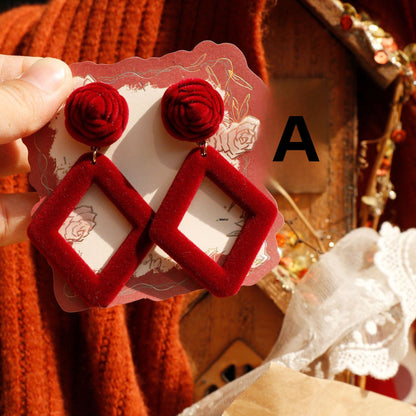 Rose Stud Earrings For Women In Wine Red Resin With Simple Style Design
