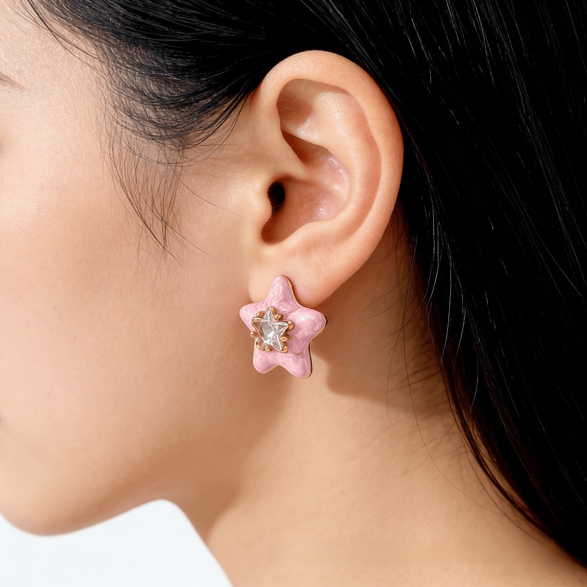 Sweet Pink Flowers Stud Earrings For Women With Electroplated Gold Plating Process