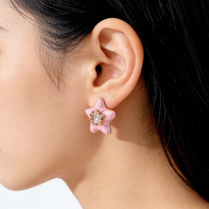 Sweet Pink Flowers Stud Earrings For Women With Electroplated Gold Plating Process