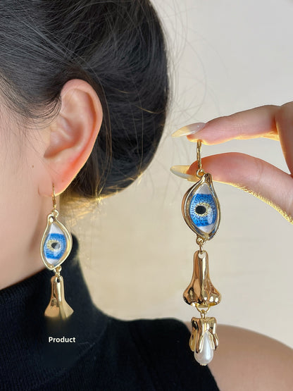 Devil's Eye Earrings For Women Featuring Retro Tassel Craft In Alloy With Pearl Inlay