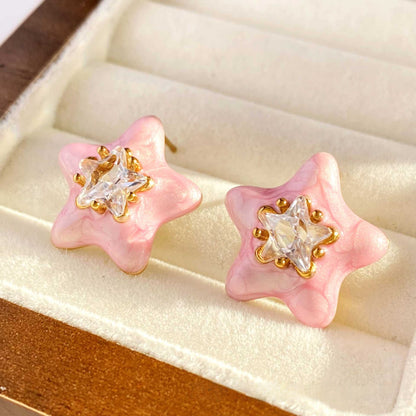 Sweet Pink Flowers Stud Earrings For Women With Electroplated Gold Plating Process
