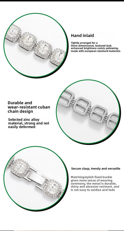 For Unisex Hip-Hop Golden Cuban Link Chain Curb Chain Made Of Zinc Alloy With Glass Inlay