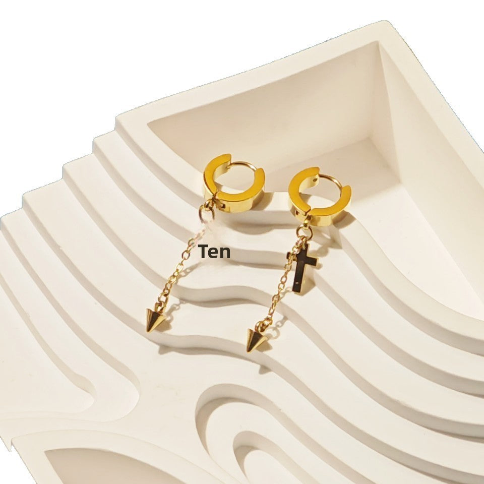 Unisex Titanium Steel Cross Earrings With Golden Tassel Design For Stylish Wear