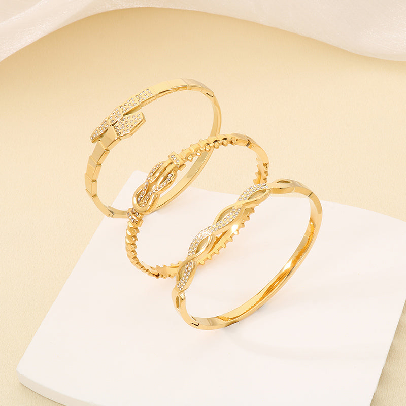 Geometric Three-dimensional Bangle For Women In 304 Stainless Steel With 18K Real Gold Plated And Rhinestones Inlay