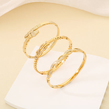 Geometric Three-dimensional Bangle For Women In 304 Stainless Steel With 18K Real Gold Plated And Rhinestones Inlay