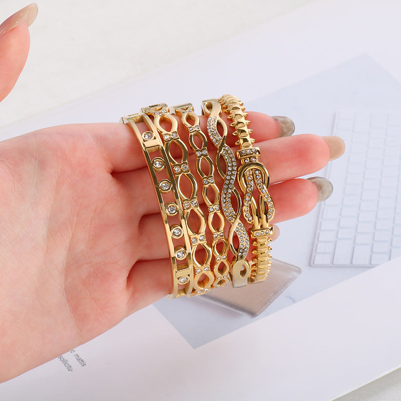 Geometric Three-dimensional Bangle For Women In 304 Stainless Steel With 18K Real Gold Plated And Rhinestones Inlay