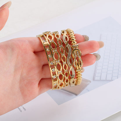 Geometric Three-dimensional Bangle For Women In 304 Stainless Steel With 18K Real Gold Plated And Rhinestones Inlay