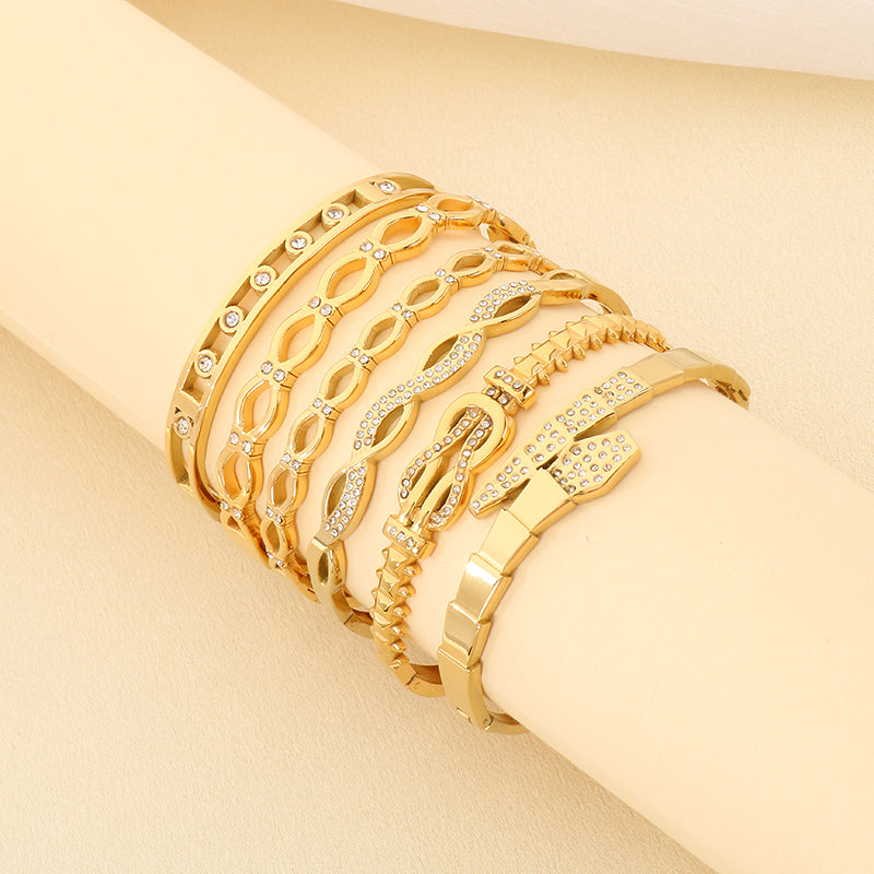 Geometric Three-dimensional Bangle For Women In 304 Stainless Steel With 18K Real Gold Plated And Rhinestones Inlay