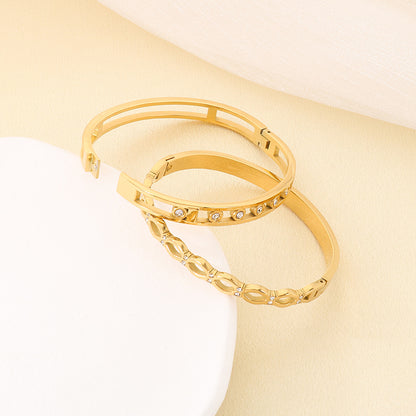 Geometric Three-dimensional Bangle For Women In 304 Stainless Steel With 18K Real Gold Plated And Rhinestones Inlay