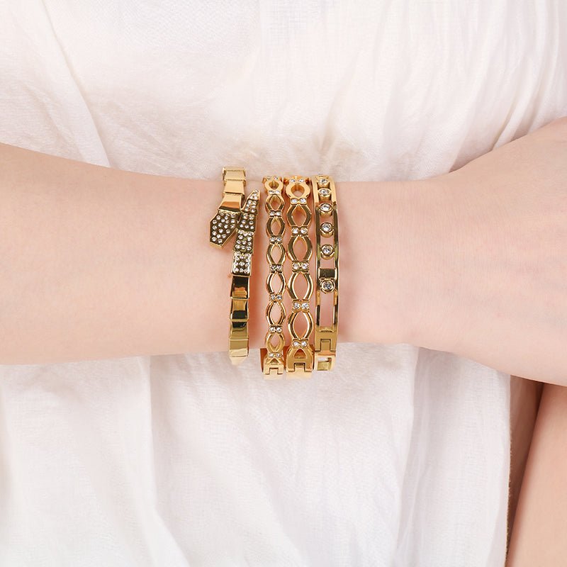 Geometric Three-dimensional Bangle For Women In 304 Stainless Steel With 18K Real Gold Plated And Rhinestones Inlay