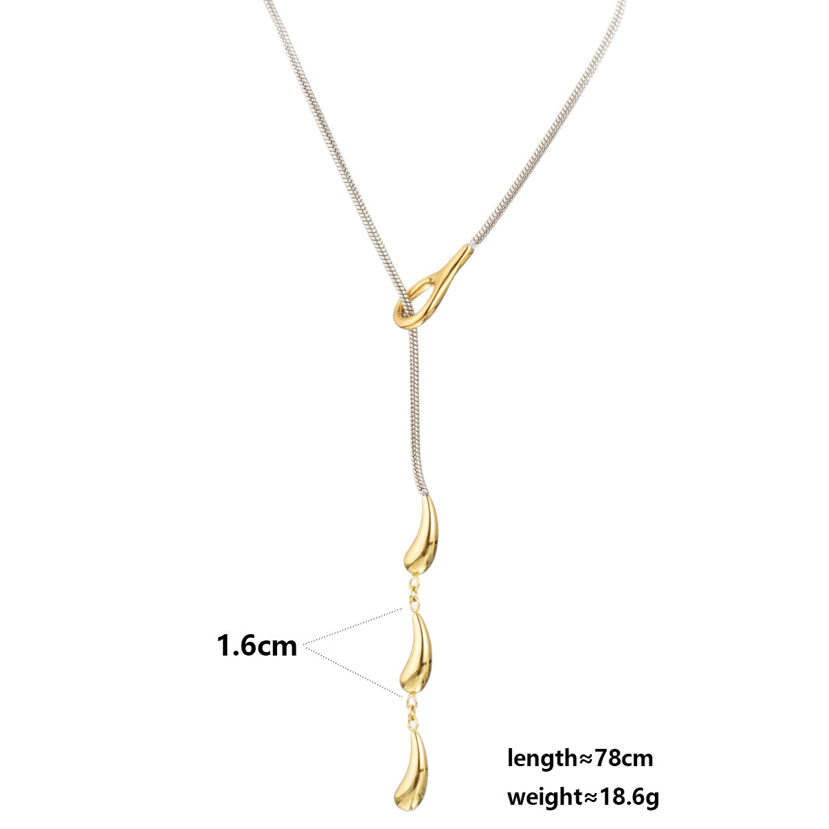 Water Droplets Long Necklace For Unisex Featuring 304 Stainless Steel With 18K Real Gold Plated Snake Chain