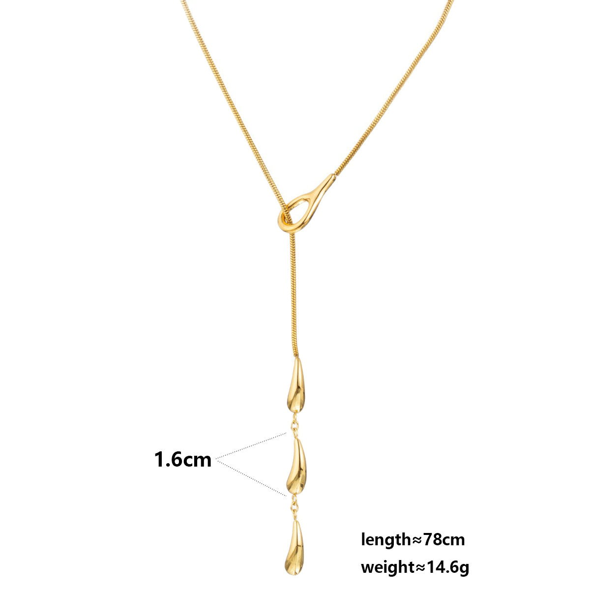 Water Droplets Long Necklace For Unisex Featuring 304 Stainless Steel With 18K Real Gold Plated Snake Chain