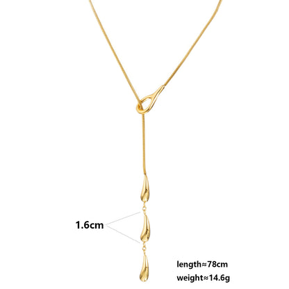 Water Droplets Long Necklace For Unisex Featuring 304 Stainless Steel With 18K Real Gold Plated Snake Chain