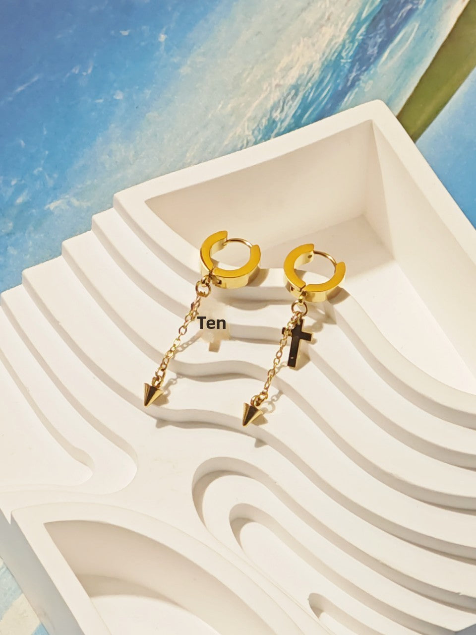 Unisex Titanium Steel Cross Earrings With Golden Tassel Design For Stylish Wear