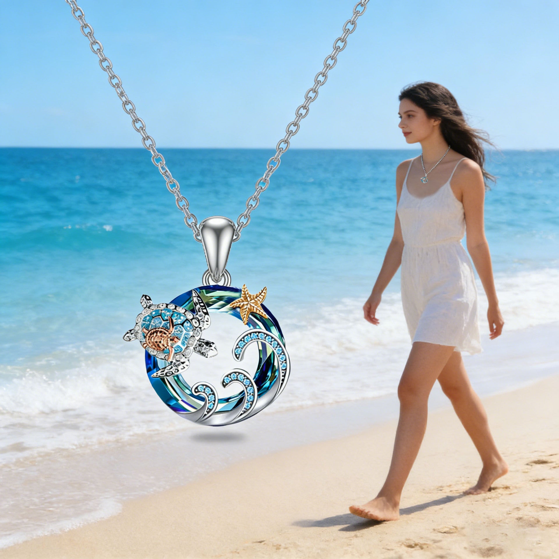 Tortoise For Women Blue Zinc Alloy Turtle Necklace With Crystal Inlay And Cable Chain