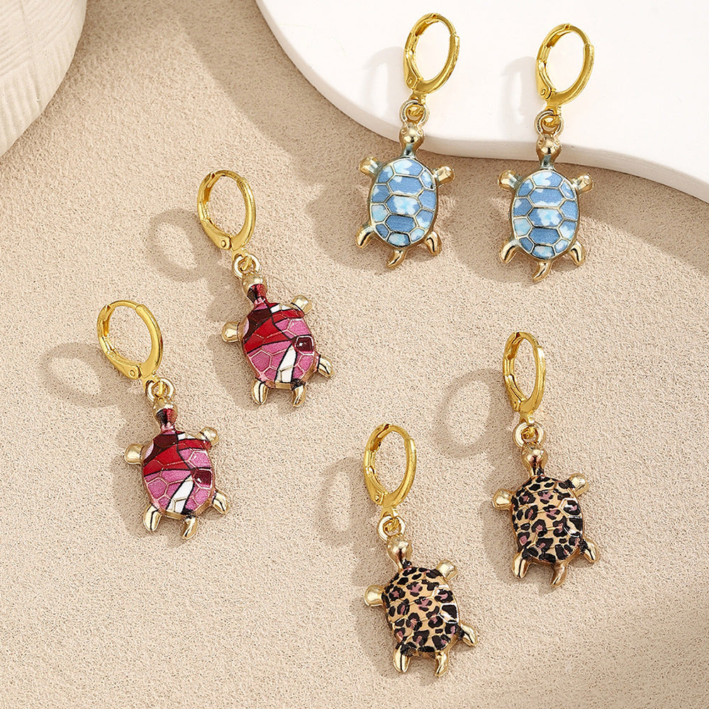 Tortoise For Women Enamel Earrings In Blue Alloy Featuring Turtle Necklace Design