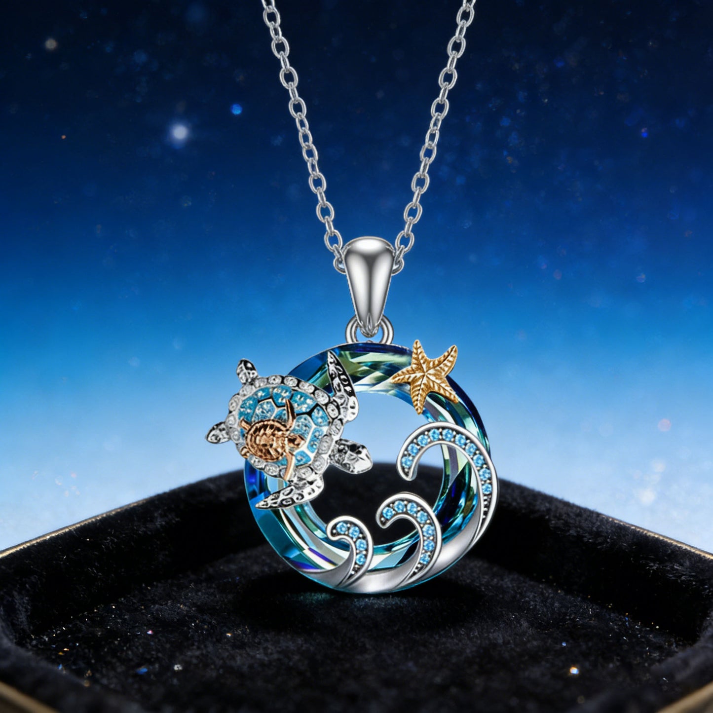 Tortoise For Women Blue Zinc Alloy Turtle Necklace With Crystal Inlay And Cable Chain