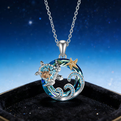 Tortoise For Women Blue Zinc Alloy Turtle Necklace With Crystal Inlay And Cable Chain