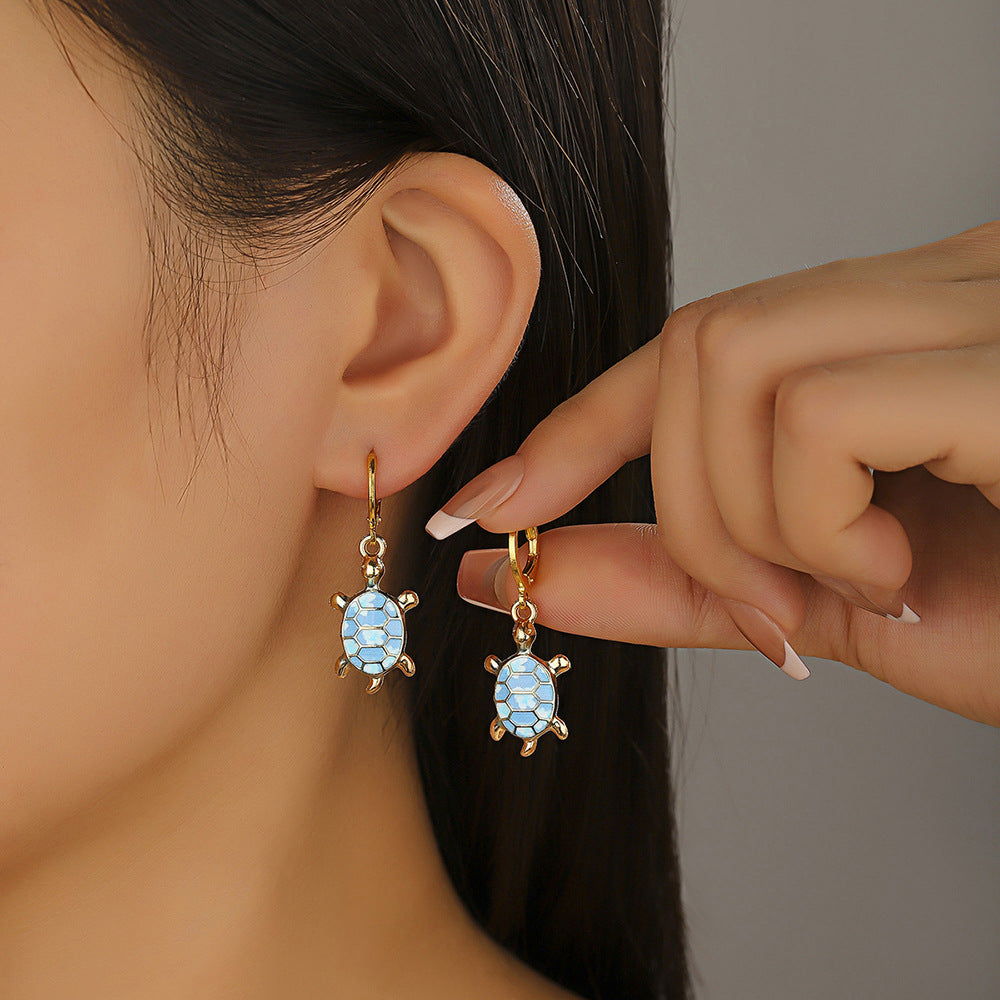 Tortoise For Women Enamel Earrings In Blue Alloy Featuring Turtle Necklace Design