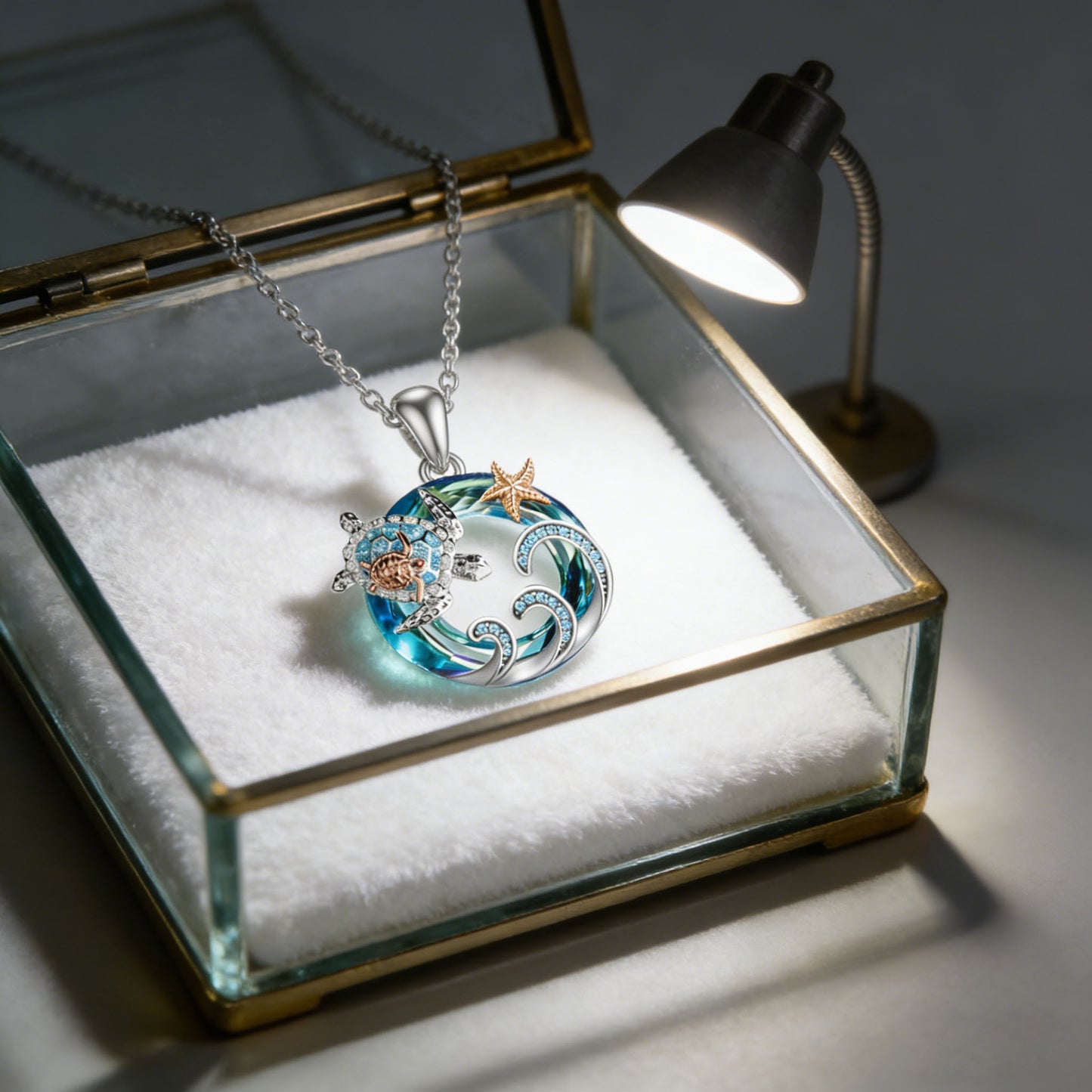 Tortoise For Women Blue Zinc Alloy Turtle Necklace With Crystal Inlay And Cable Chain