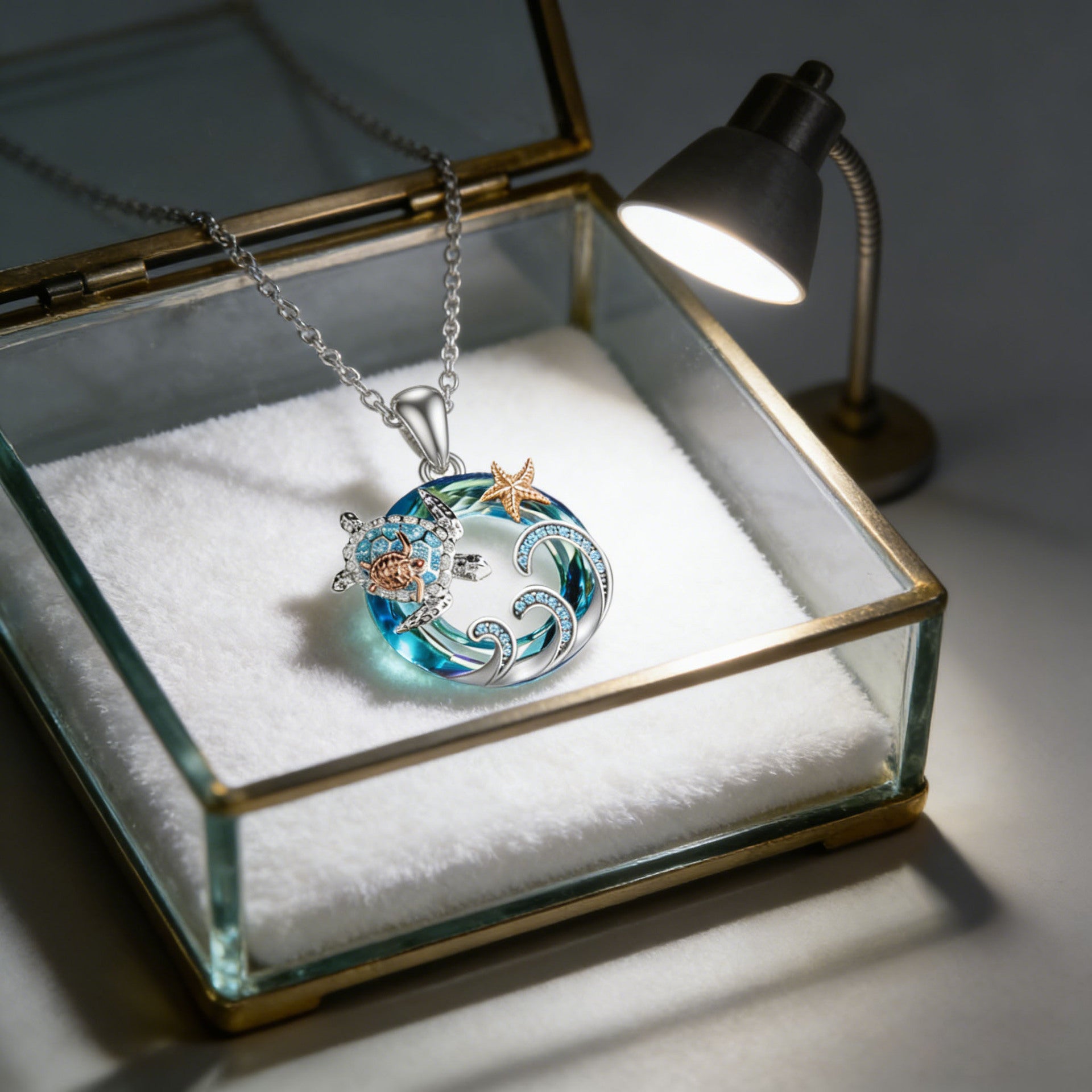 Tortoise For Women Blue Zinc Alloy Turtle Necklace With Crystal Inlay And Cable Chain