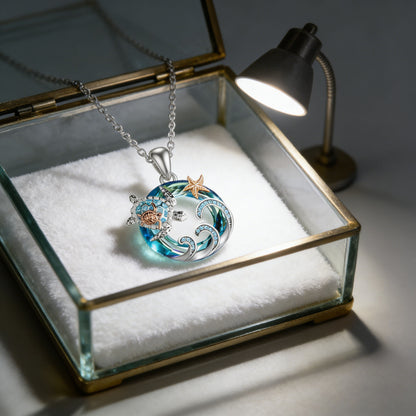 Tortoise For Women Blue Zinc Alloy Turtle Necklace With Crystal Inlay And Cable Chain