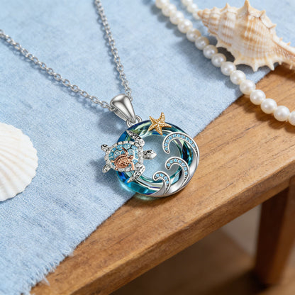 Tortoise For Women Blue Zinc Alloy Turtle Necklace With Crystal Inlay And Cable Chain