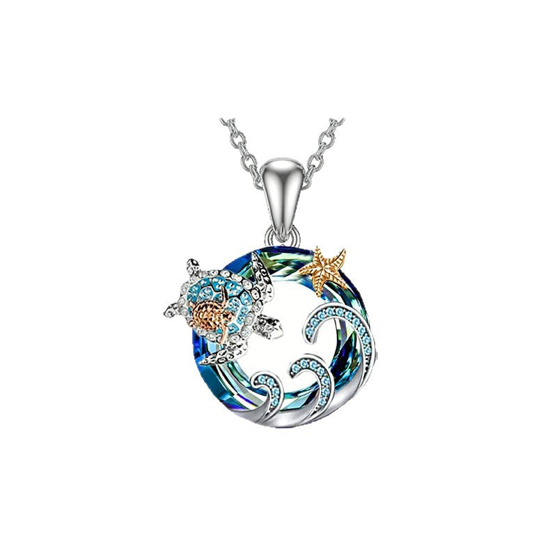 Tortoise For Women Blue Zinc Alloy Turtle Necklace With Crystal Inlay And Cable Chain