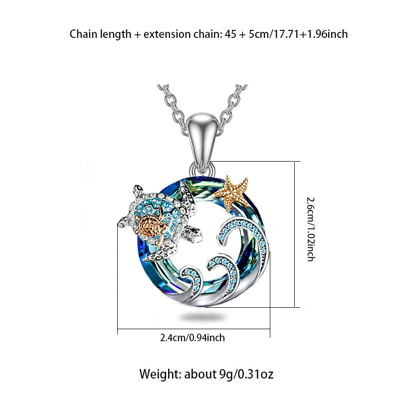 Tortoise For Women Blue Zinc Alloy Turtle Necklace With Crystal Inlay And Cable Chain