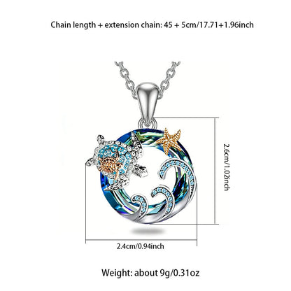 Tortoise For Women Blue Zinc Alloy Turtle Necklace With Crystal Inlay And Cable Chain
