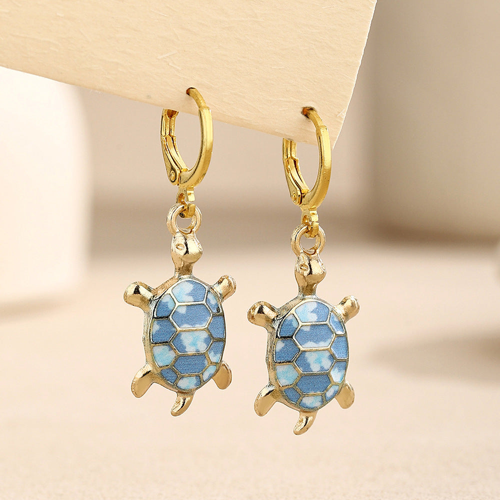 Tortoise For Women Enamel Earrings In Blue Alloy Featuring Turtle Necklace Design
