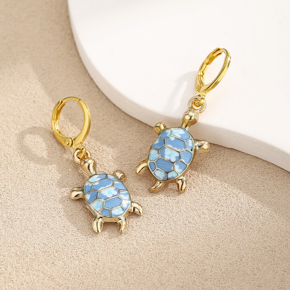 Tortoise For Women Enamel Earrings In Blue Alloy Featuring Turtle Necklace Design