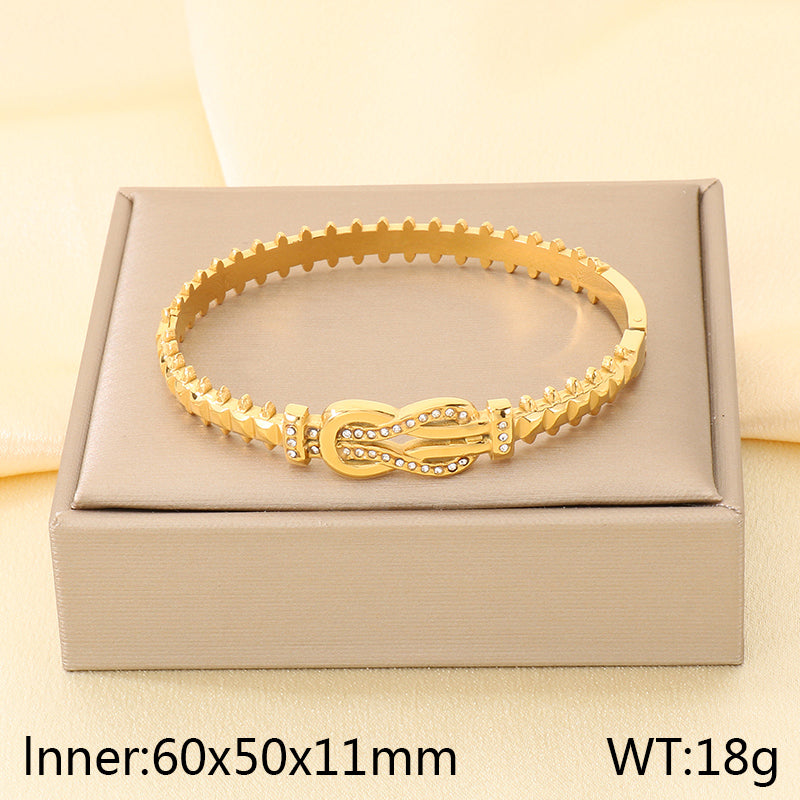 Geometric Three-dimensional Bangle For Women In 304 Stainless Steel With 18K Real Gold Plated And Rhinestones Inlay