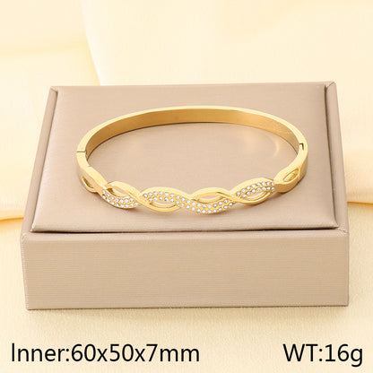 Geometric Three-dimensional Bangle For Women In 304 Stainless Steel With 18K Real Gold Plated And Rhinestones Inlay