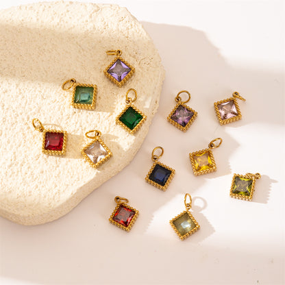 Quadrilateral Pendant Unisex Jewelry In 304 Stainless Steel With 18K Gold Plated PVD Coating And Artificial Crystal