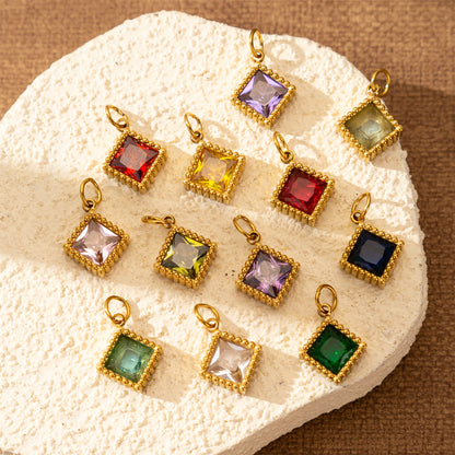 Quadrilateral Pendant Unisex Jewelry In 304 Stainless Steel With 18K Gold Plated PVD Coating And Artificial Crystal