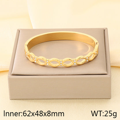 Geometric Three-dimensional Bangle For Women In 304 Stainless Steel With 18K Real Gold Plated And Rhinestones Inlay