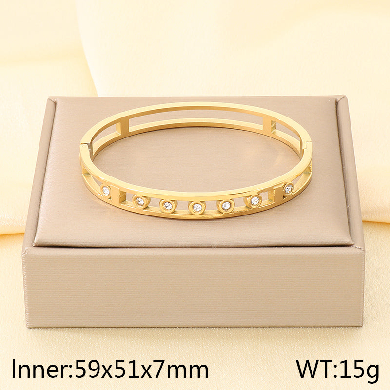Geometric Three-dimensional Bangle For Women In 304 Stainless Steel With 18K Real Gold Plated And Rhinestones Inlay