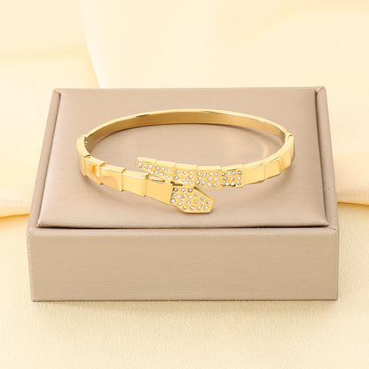 Geometric Three-dimensional Bangle For Women In 304 Stainless Steel With 18K Real Gold Plated And Rhinestones Inlay
