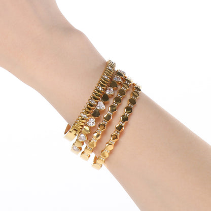 Heart Shape Three-dimensional Bangle For Women In 304 Stainless Steel With 18K Real Gold Plated And Rhinestones Inlay