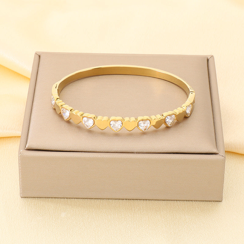 Heart Shape Three-dimensional Bangle For Women In 304 Stainless Steel With 18K Real Gold Plated And Rhinestones Inlay