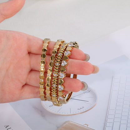 Heart Shape Three-dimensional Bangle For Women In 304 Stainless Steel With 18K Real Gold Plated And Rhinestones Inlay