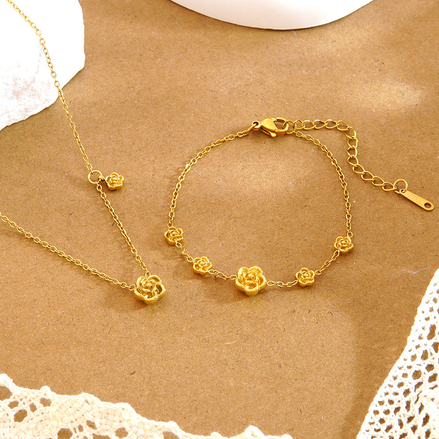Cute Flowers Jewelry Set For Women Featuring 304 Stainless Steel With 18K Real Gold Plated O Chain
