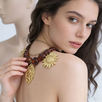 Handmade Resin Sunflower Necklace For Women, 1 Set, Beautiful Floral Jewelry Accessory