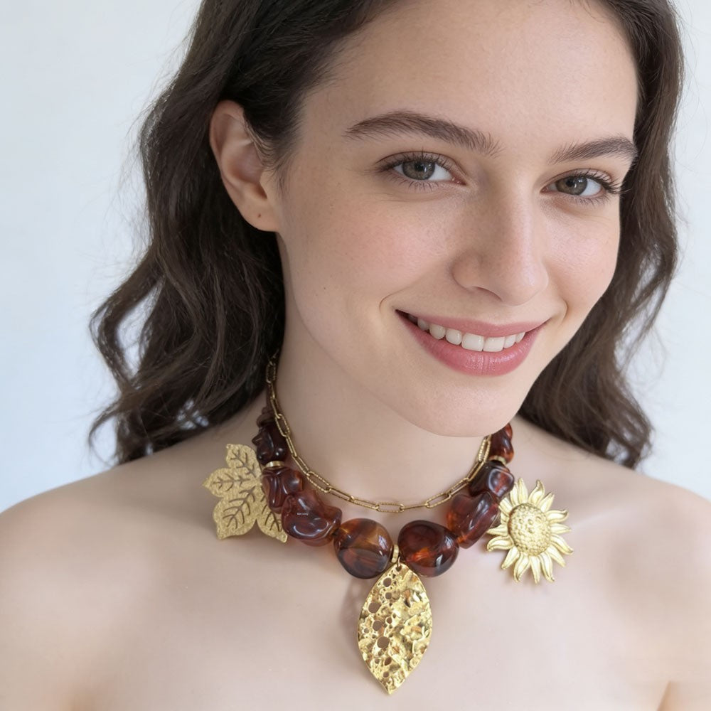 Handmade Resin Sunflower Necklace For Women, 1 Set, Beautiful Floral Jewelry Accessory
