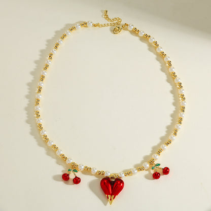 Cherry Pendant Necklace For Women In Copper With Electroplated 18K Real Gold Plated Beaded Chain